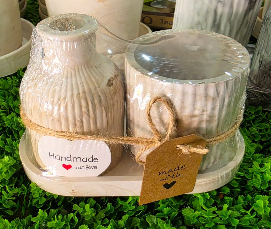 Oval Trinket Tray with Striped Diffuser Vase and Scented Candle Bowl - Combo