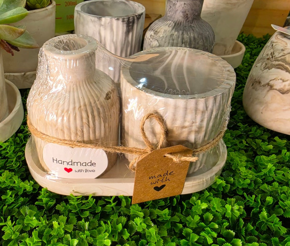 Oval Trinket Tray with Striped Diffuser Vase and Scented Candle Bowl - Combo