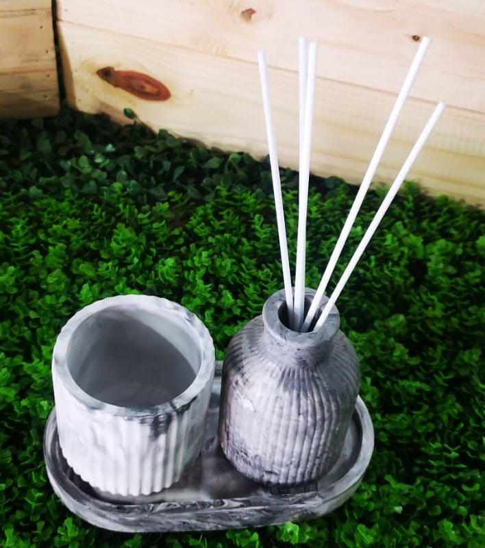 Oval Trinket Tray with Striped Diffuser Vase and Scented Candle Bowl - Combo