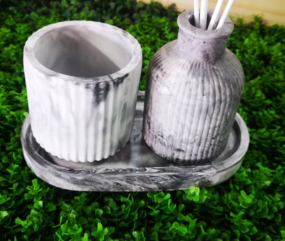 Oval Trinket Tray with Striped Diffuser Vase and Scented Candle Bowl - Combo