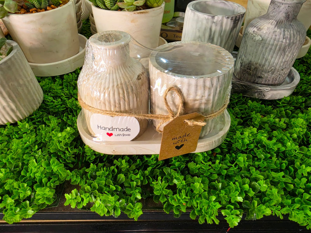 Oval Trinket Tray with Striped Diffuser Vase and Scented Candle Bowl - Combo